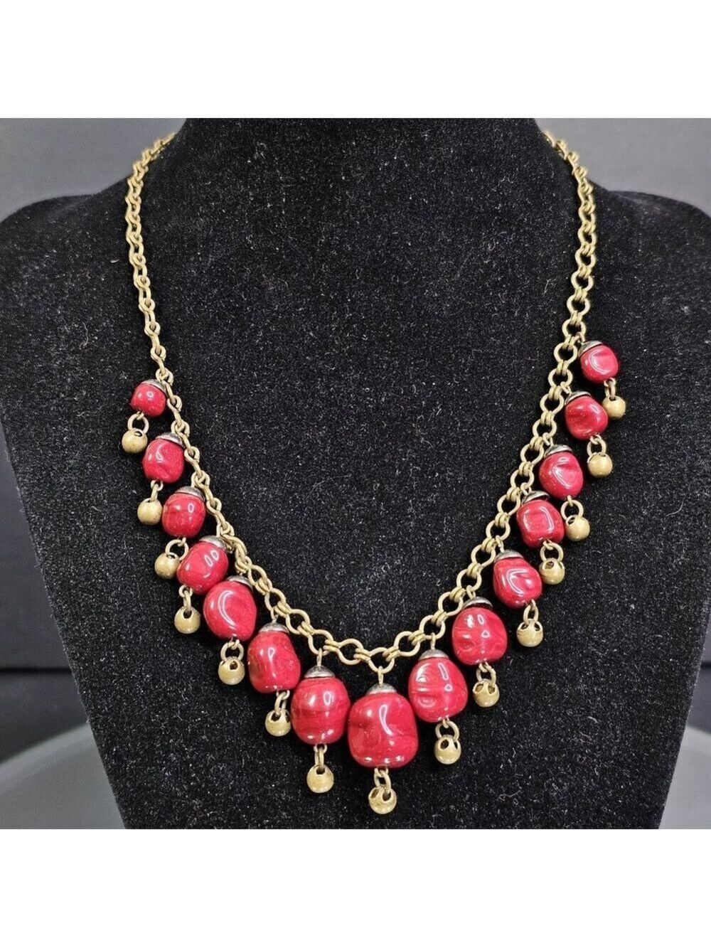 Vintage Dangle Bib 16" Necklace Gold Tone Red Maroon Beaded Choker Adjustable